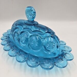 UV+ LE Smith Moon & Stars Blue Butter Dish Covered Oval VTG 1960s CottageCore